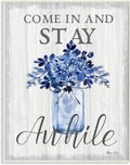 Stupell Industries Stay Awhile Blue Flower Jar Grey Word Design Wall Plaque, Multi-Color