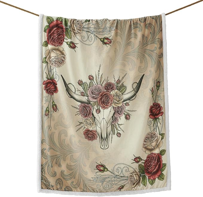 Paseo Road Indigo Hill by HiEnd Accents Rowena 54x68 Throw Blanket | Longhorn Campfire Design with Floral Bull Skull Print, Soft Western-Style Fleece Throw for the Couch, Sofa, or Bed