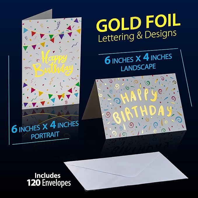 120 Pack Assorted Gold Foil Happy Birthday Cards with Envelopes, Organizer Box, Stickers, and Seals - 4x6 Inches, 8 Unique Designs, Ideal for Kids, Men, Women, and Elderly