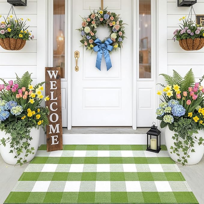 OLANLY Buffalo Plaid Rug 2'4" x 3'7" (27.5" x 43") – Green and White Cotton Checkered Doormat, Washable Indoor Outdoor Rug for Layered Front Porch, Kitchen, Entryway Decor