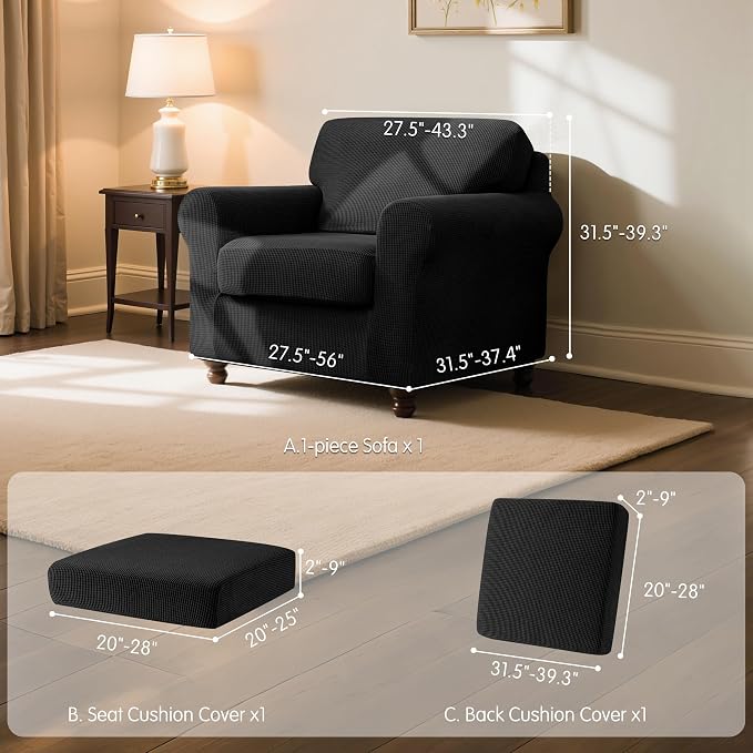 SUBRTEX 3 Pieces Stretch Sofa Slipcover Sets Couch Cover Sets Backrest Cushion Covers Furniture Protector Collection Set for Oversize Sofa Loveseat Chair Slip Covers(Small, Black)