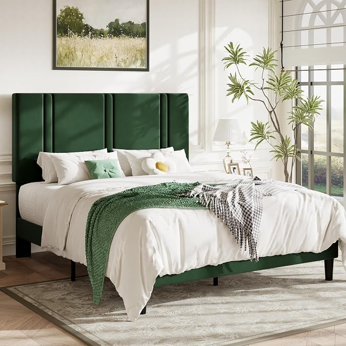 Allewie Queen Platform Bed Frame with Adjustable Headboard | Plush Velvet Upholstered, Vertical Channel Tufted, Sturdy Wood Slats, No Box Spring Needed, Easy Assembly, Green