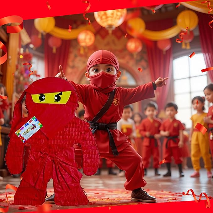 APINATA4U Red Ninja Pinata Kit (17.5x13.5x3.5 Inch) - Elevate Ninja Party Excitement with Complete Supplies, Themed Birthday Fun, Photo Prop, Decorations, Includes Stick and Mask!