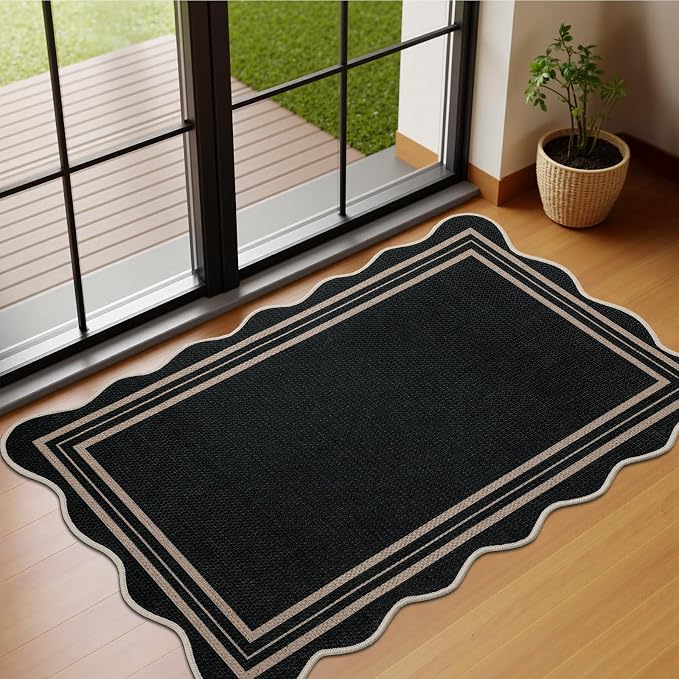 EDIMENS Easy Jute Rug Entryway Rug, 2x3 Front Door Mat Small Entryway Non-Slip Washable Area Rug, Low Pile Black Indoor Outdoor Farmhouse Scalloped Doormat for Entrance Entry Porch Doorway