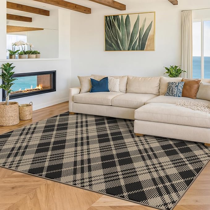 JTJ Vintage Easy Jute Rugs for Bedroom 5x7 - Diamond Patterned Woven Rug for Indoor Area, Living Room, Washable Low Pile Black and White Classic Decor