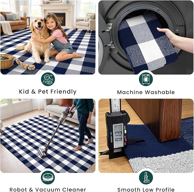 KOZYFLY Buffalo Plaid Area Rugs 3x5 ft Blue and White Washable Front Door Mat Woven Cotton Indoor Outdoor Rug for Front Porch Kitchen Entryway Patio Farmhouse Checkered Doormat