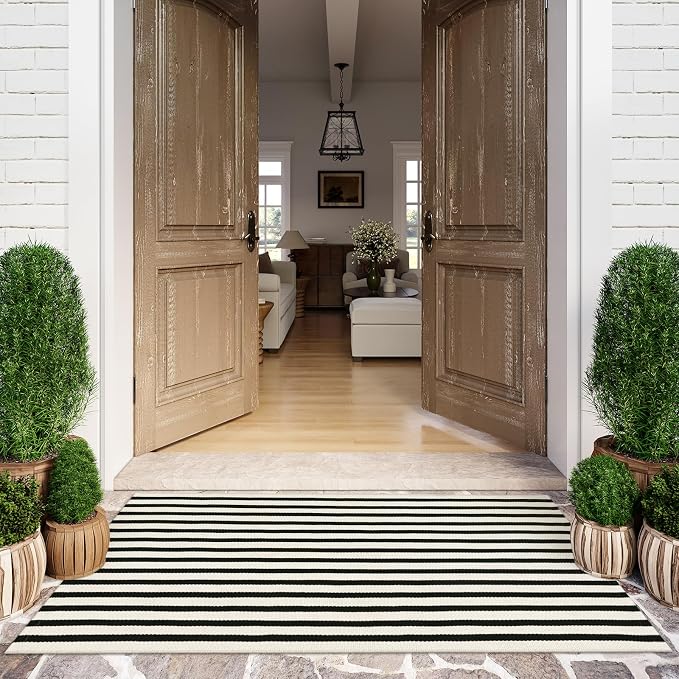 LEEVAN 3'X5' Black and White Striped Woven Cotton Reversible Outdoor Rug | Small Machine Washable Front Porch Rug, Entryway Door Mat, Indoor Layering Carpet for Farmhouse Bathroom Laundry