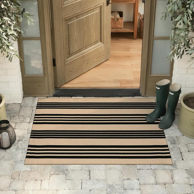 KIMODE Outdoor Rug Fall Decor 27.5"x43", Black and Khaki Striped Front Porch Rugs, Reversible Washable Front Door Mats, Hand Woven Welcome Layered Doormat Entryway Rug for Entrance Farmhouse