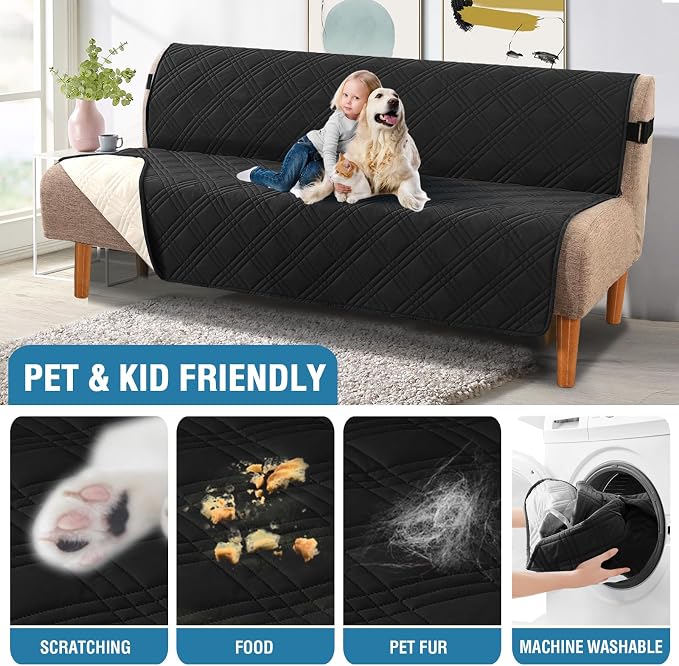 H.VERSAILTEX 100% Waterproof Futon Slipcovers Reversible Couch Cover Armless Futon Covers Slipcover Furniture Protector with Adjustable Elastic Strap Non-Slip Pets Covers, Black/Beige