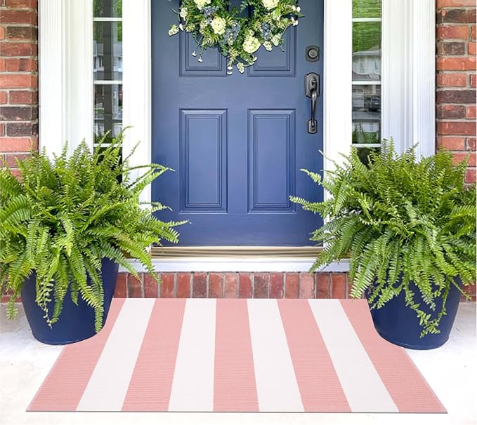 Outdoor Front Door Mat 24"x35",Cotton Woven Washable Striped Layered Doormat Pink and White Indoor Outdoor Area Rug for Entryway Porch Decor Home Entrance