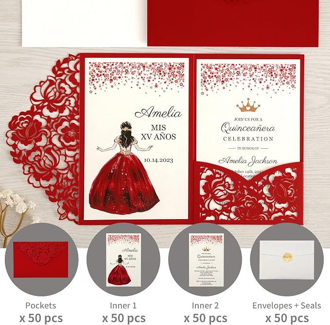 DORIS HOME 50Pcs Personalized Laser Cut Quinceanera Invitations, Red | 4.7"x7.1", Customized Quince Invitations, For 15th Birthday, Sweet 16, With Envelopes