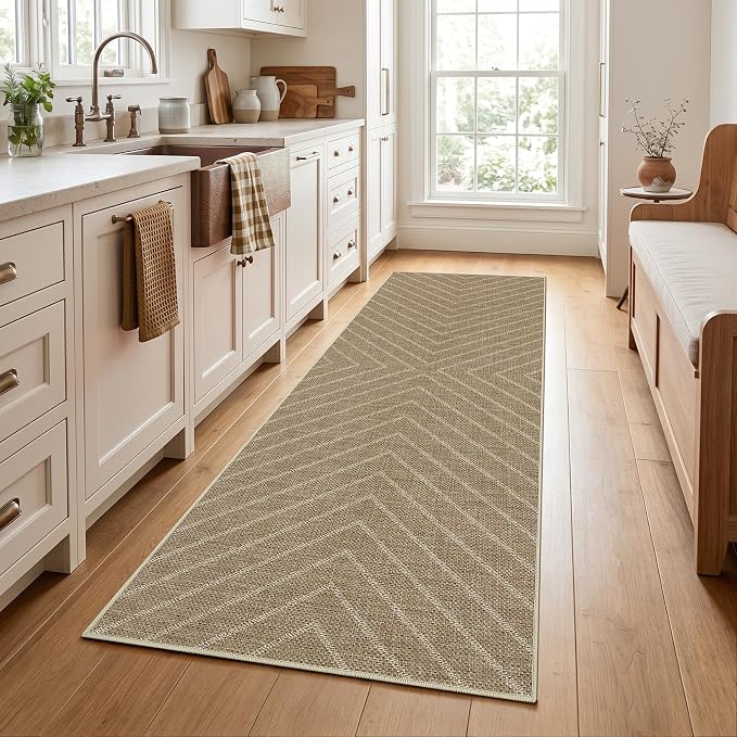 Garvee Easy Jute 2x6 Kitchen Runner Rug, Washable Rugs for Entryway Non Slip Outdoor Indoor Hallway Rug, Farmhouse Striped Morden Ultra Thin Non Shedding Carpet for Entry Bedroom Laundry 2'x6'