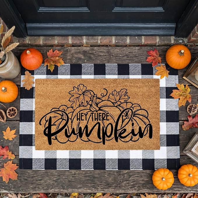 Moucuny 2 Pcs Fall Coir Welcome Doormat Outdoor 16'' x 28'' Hey There Pumpkin Coir Welcome Mat Layered 24'' x 35'' Black and White Plaid Rug Set for Fall Autumn Front Porch Entryway Entrance Decor
