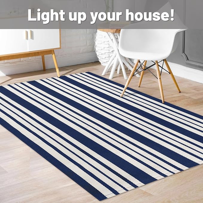 IOHOUZE Navy and White Striped Rug 3'x5' Front Door Rugs Outdoor, Washable Area Rug for Front Porch, Spring Summer Doormats Outdoor Indoor, Cotton Rugs for Entryway Porch Entrance