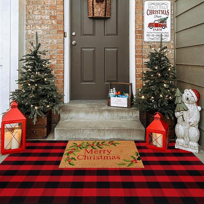 Ckorzen Red and Black Plaid Rug, 4' x 6' Christmas Halloween Outdoor Front Door Decor Mat, Cotton Hand-Woven Washable Rug for Layered Door Mats Carpet for Porch, Entryway