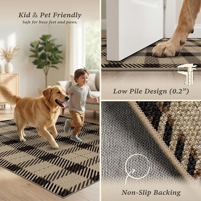 JTJ Easy Jute Hallway Runner Rug 2'6" x 8', Washable Non Slip Indoor Outdoor Low Pile Rug for Entryway, Kitchen & Laundry Room, Farmhouse Plaid Design