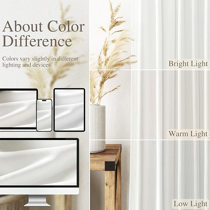 Nanspring Off White Linen Curtains 63 inches Long for Bedroom Back Tab Sheer White Curtains Modern Farmhouse Coastal Decor Cotton Textured Gauze Curtain for Bathroom 2 Panel Set 52x63