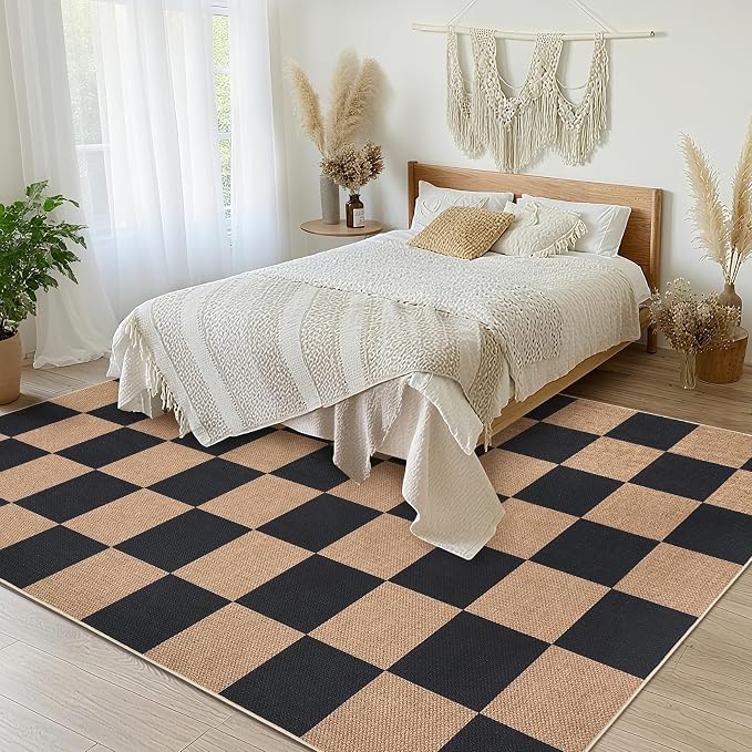 COZYLOOM Washable Rug 6x9 Bedroom Rug Modern Checkered Easy Jute Rugs with Non Slip Backing, Non Shedding Stain Resistant Mats for Dining Room, Living Room, RV, Patio, Brown