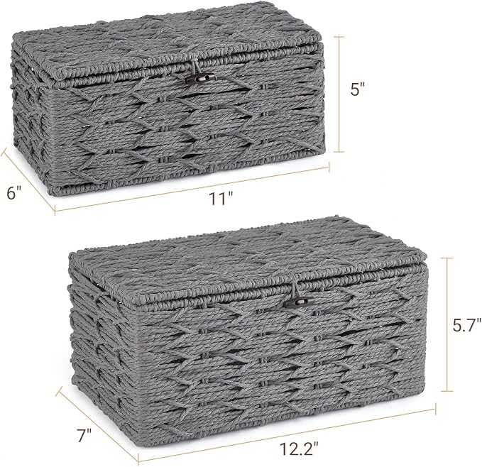 Mkono Storage Basket with Lid, Decorative Bins for Organize, Set of 2 Grey | Paper Rope Box, Toilet Tank Top, Space-Saving, Handwoven Rectangular, Shelf Closet Bathroom Bedroom Office, Home Decor