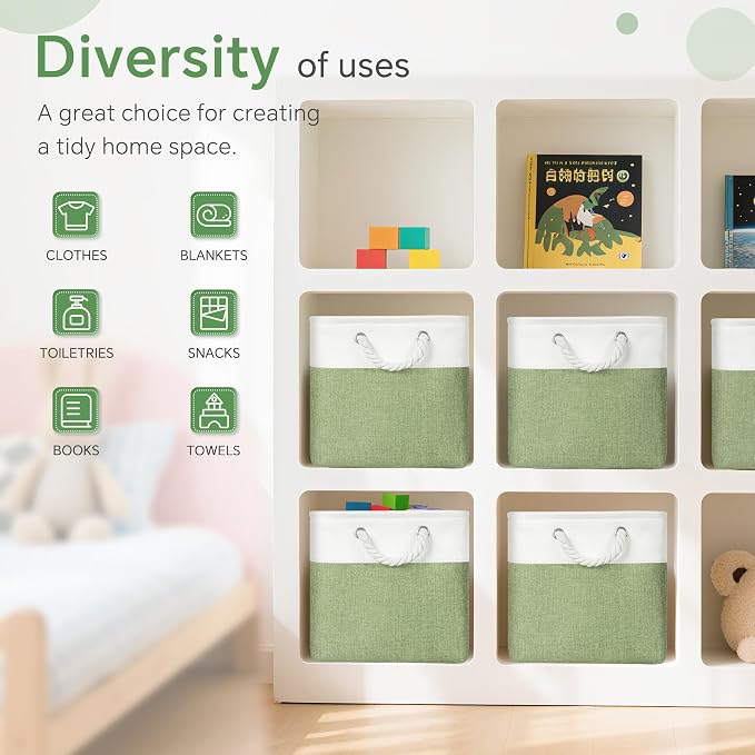 FinishingBo 11 inch Cube Storage Bin with Handles 6 Pack | Foldable Basket, Fabric Storage Bins, Closet Storage, Home Organizer (White/ Green)