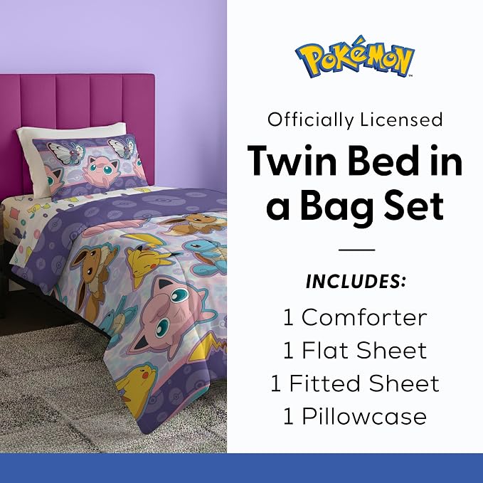 Northwest Pokemon Friendly Battle Twin Size Bed in a Bag Set, Pikachu Eevee Jigglypuff Squirtle, Kids Boys Girls Bedding Comforter Sheets