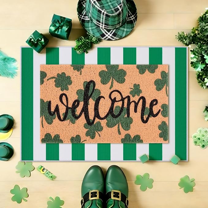 2 Pcs St. Patrick's Day Doormat Shamrock Pattern Welcome Door Mat Non Slip Coir Mat White & Green Striped Layering Mat for St. Patrick's Day Front Door Porch Entryway Decor 23.6 x 31.5 Inch