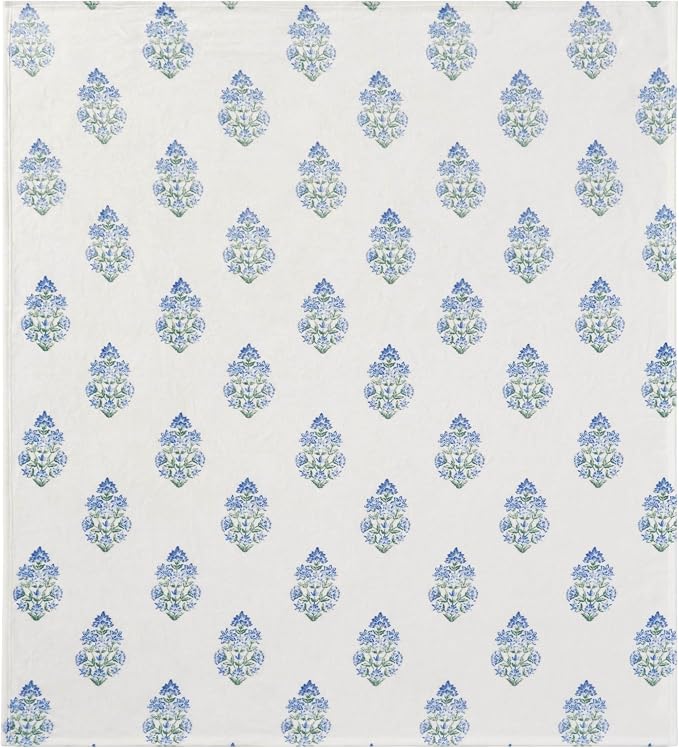 Oversized Plush Throw Blanket 60" x 70", Floral Block Print Blue