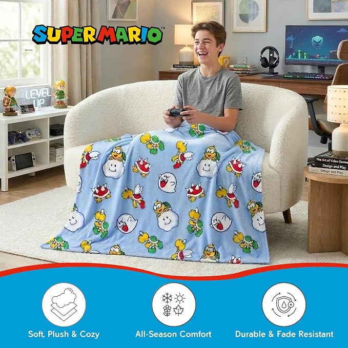 Super Mario Gaming Throw Blanket 70 in x 50 in – Kids Soft Cozy Plush for Couch, Bed & Travel, Featuring Lakitu, Spiny, Boo & Koopa (Officially Licensed Product) by Franco
