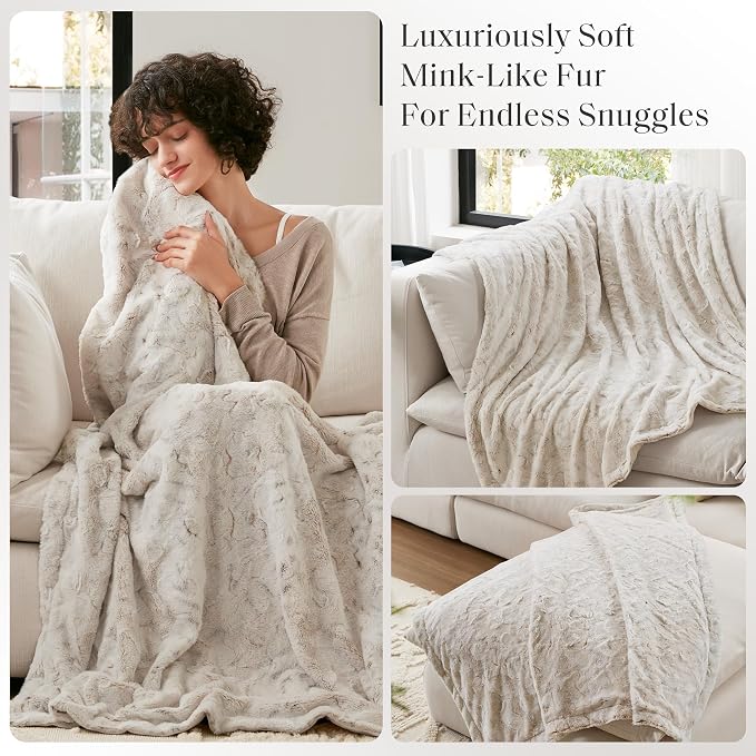 Madison Park Zuri Faux Fur Reversible Throw Blanket, 50 x 60, Snow Leopard | Soft Plush, Luxury, Animal Stripes, Mink Reverse, Modern, All Season, for Bed Sofa Couch, OEKO-TEX Certified