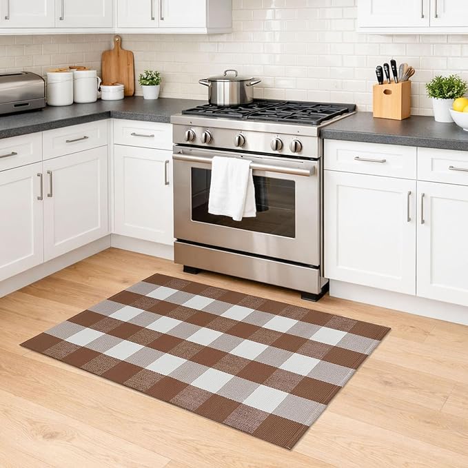 KILOCOCO Buffalo Plaid Checkered Rug 27.5x43 in Brown White Front Door Rug | Cotton Woven Outdoor Rug, Machine Washable Front Door Mat, Indoor Entryway Rug, Low Pile Welcome Mats for Farmhouse