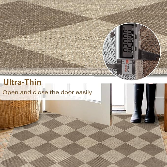 Rugalia Easy Jute Checkered Entryway Rug, 2.6x4 Brown Modern Indoor Outdoor Doormat, Washable Non-Slip Neutral Kitchen Rug Farmhouse Diamond Throw Rugs for Entrance Bedroom Bathroom