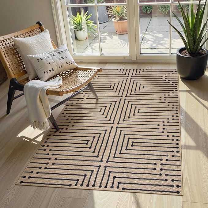 Lahome Boho 3x5 Outdoor Rugs for Entry, Washable Easy Jute Rug | Maze Lines Modern Throw Rug Non Slip Stain Resistant Door Mat for Front Porch Balcony