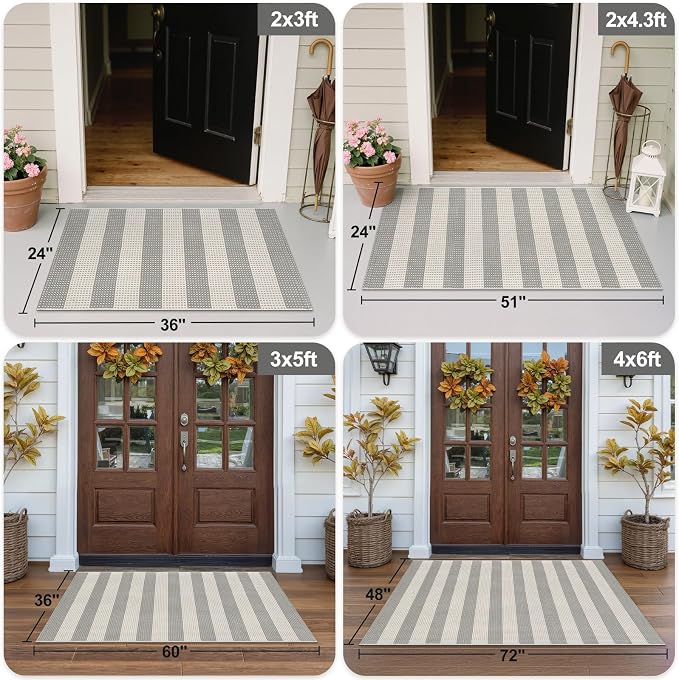 OJIA Indoor Outdoor Rugs 3'x5' Washable Area Rug Entryway Front Door Mat | Striped Front Porch Rug Outdoor Mats Cotton Small Indoor Carpet for Entry/Patio/Deck/Balcony/Bedroom/Living Room Gray/White