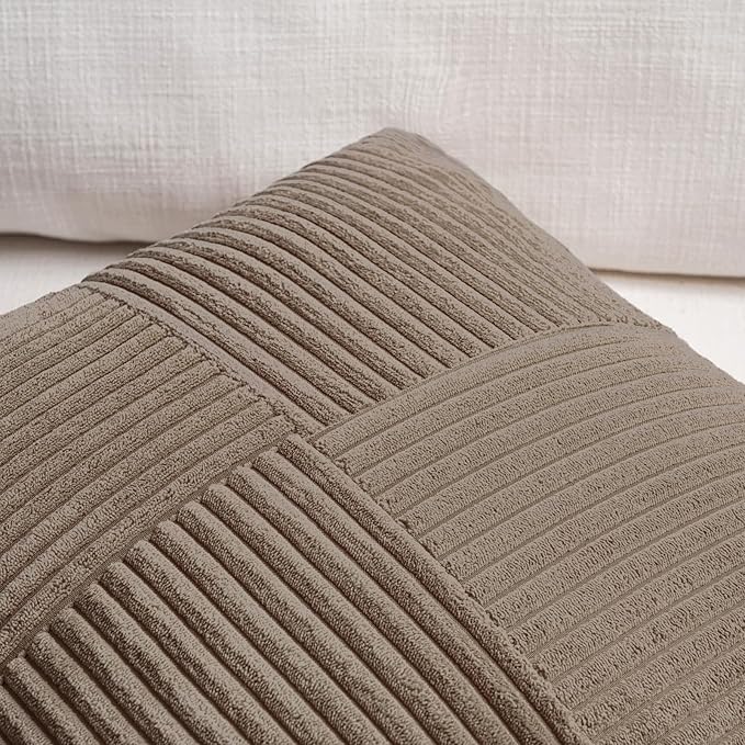 Fancy Homi Set of 2, Light Brown Patchwork Corduroy Decorative Soft Striped Modern Accent Cushion Case Farmhouse Boho Neutral Throw Pillow Covers for Chair Couch Bed Sofa Living Room 20x12 Inch