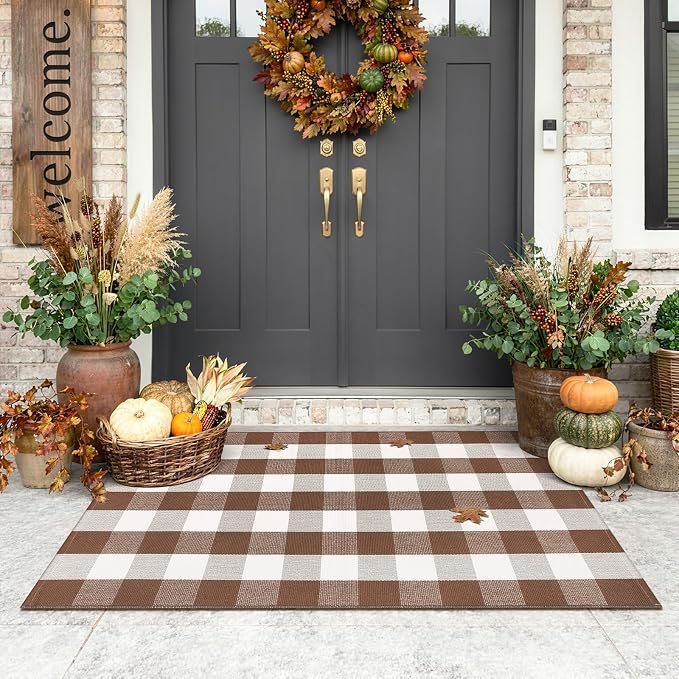 Uphome Bufflo Plaid Outdoor Rug 3'x5', Fall Decor Checkered Front Door Mat, Indoor Outdoor Farmhouse Cotton Porch Rug for Layered Door Mats, Washable Brown Area Rugs for Patio Entryway Kitchen