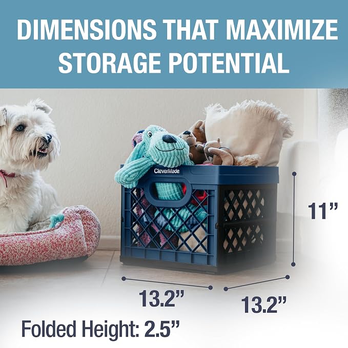 CleverMade Collapsible Milk Crate, 25L, 3 Pack, Ocean | Built-in rails hold letter-size hanging files. Interlocking crates stack open or folded and carry up to 50 lb each.