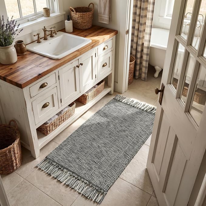 Collive 2' x 4.3' Indoor Outdoor Rug, Modern Farmhouse Kitchen Runner Rugs Hand-Woven Bathroom Rugs, Boho Washable Entry Carpet Grey Reversible Front Door Mats for Laundry Bedroom Porch Decor