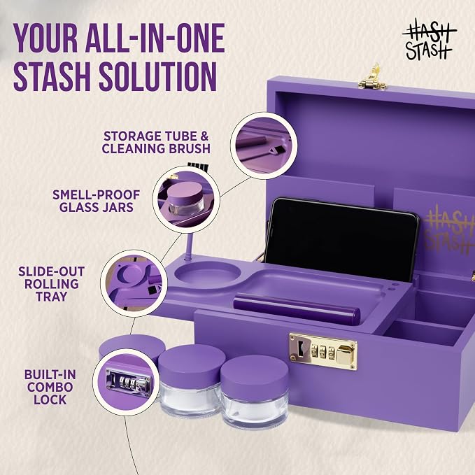 The OG Stash Storage Box - Large Bamboo with Combination Lock, Magnetic Lid, Organizer Tray, 3 Jars and Brush - Portable Decorative Wooden Lock Box Kit with Accessories (Purple/Gold)
