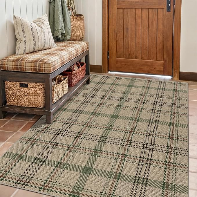 JTJ Easy Jute 4x6 Entryway Rug, Washable Indoor Outdoor Farmhouse Plaid Rug, Non Slip Area Rug for Front Door, Living Room, Patio and Bedroom