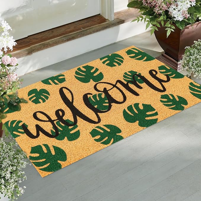 JarThenaAMCS Tropical Coir Doormat Summer Hawaiian Welcome Floor Mat Green Natural Palm Leaf Non-Slip Entrance Door Rugs for Indoor Outdoor Home Bathroom Decor, 16.5 x 29 Inch