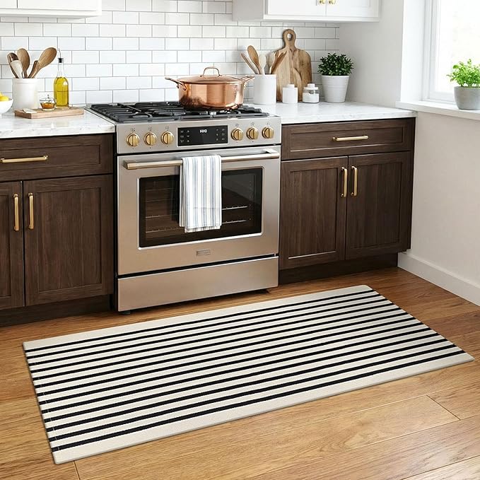 KOZYFLY Beige and Black Striped Runner Rug 2x4.3 ft Cotton Woven Washable Indoor Outdoor Doormat Small Front Door Rug for Entryway Porch Kitchen Hallway Patio Laundry Room
