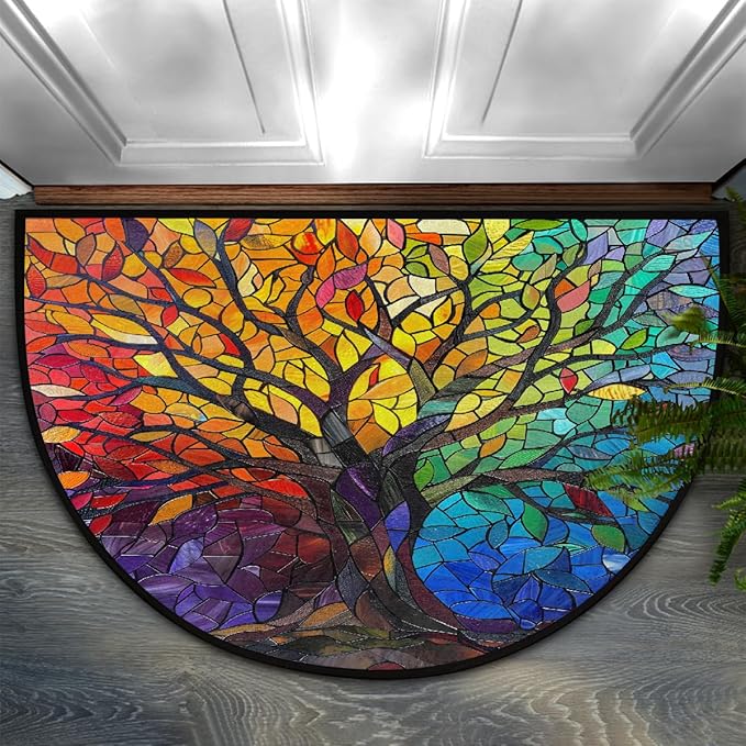 Tree Half Round Doormat Non-Slip Semi Circle Rug Half Moon Mat | Color Stained Glass Washable Soft Absorbent Indoor Outdoor Entrance Kitchen Bathroom Sink Patio Welcome Fireplace Floor Rug