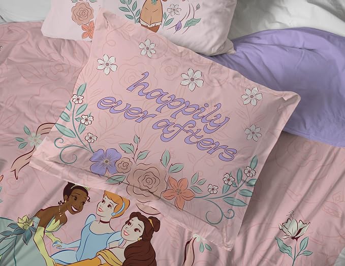 Disney Princess Queen Comforter Set 7 Piece Kids Bedding for Girls, Pink | Cinderella Rapunzel Belle, Bed in a Bag, Comforter Sheets Shams Pillowcases, Soft Microfiber, Machine Washable, Girls Gift