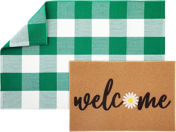 2 Pcs Outdoor Door Mat Combo Set Layered Outdoor Rug and Coir Welcome Doormat Non Slip Outside Floor Mat for Front Porch Entryway Patio Yard Decor(Green Daisy,24'' X 35'',24'' X 16'')