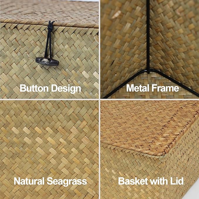 Seagrass Wicker Storage Basket with Lid, Small, Natural | Small Storage Box, Shelf Organizer, Rectangular Woven Bin, Baskets for Organizing, Natural Decor, 9.05 x 5.11 x 3.34