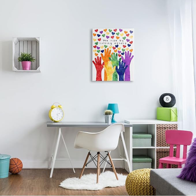 Rainbow Hand Hearts Affirmation, 24 x 30 Inch Canvas Wall Art | Stupell Industries · By Erica Billups · Ready to hang · Kids room · classroom · playroom friendly · Made in USA