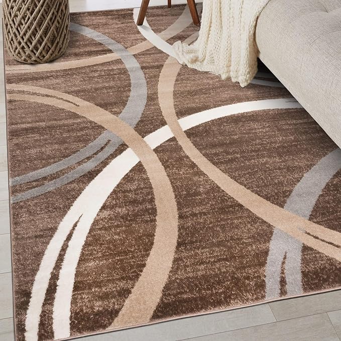 Rugshop Wavy Circles Modern Jute Backing Living Room Area Rug Brown 4' x 6' | Rectangular, Size 4' x 6', Bedroom, Dining Room, Home Office, Kitchen, Entryway, Hallway, Nursery, Kids Room, Guest Room