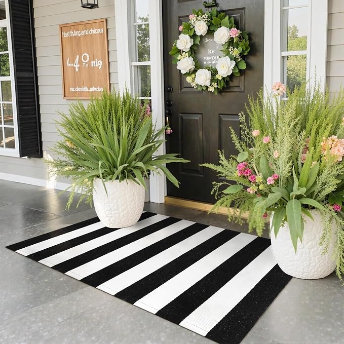 Collive Black and White Outdoor Striped Rug 24"x 51", Cotton Woven Fall Front Porch Rug Decor,Washable Front Door Rugs, Farmhouse Layered Door Mats Outdoor for Entryway Entrance