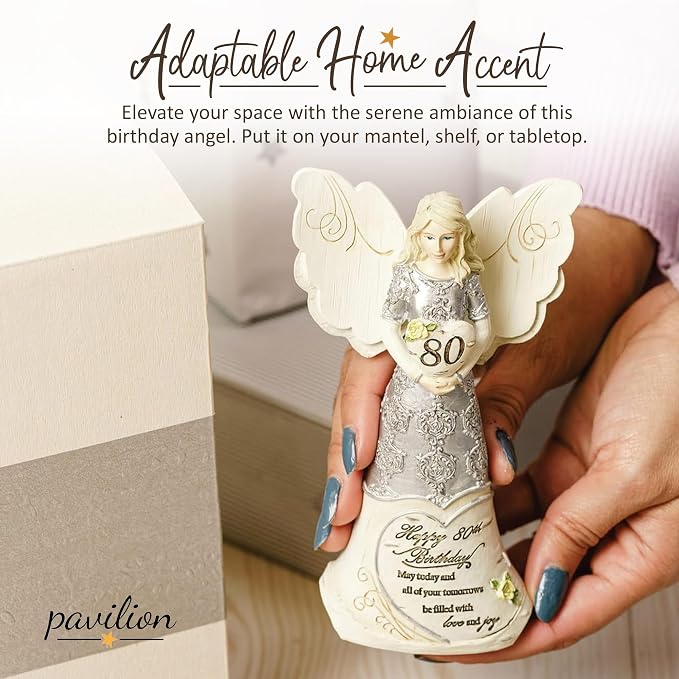 Pavilion 'Happy 80th Birthday' 82475 Elements Angels - Polyresin Birthday Angel Figurine - Silver Hand-Painted Remembrance and Keepsake Gift Angel for Grandmothers, Mothers, Aunts, Friends, Women