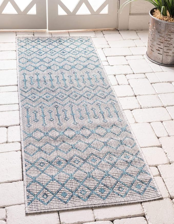 Unique Loom Outdoor Trellis Collection Area Rug - Tribal Trellis (2' x 6' 1" Runner, Light Blue/ Ivory)